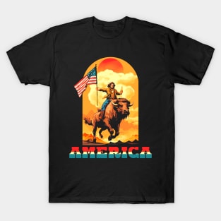 AMERICA! Guy Riding A Buffalo  Drinking Beer T-Shirt